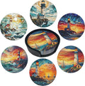 Lighthouse Coasters Leather Round Drink Coasters 6 Pcs Set with Holderor for Cup Drink Coffee Table Bar Home Decor