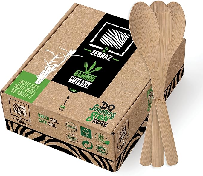 2ZEBRAZ Bamboo Cutlery Set – 100 Disposable Spoons | Reusable Smooth Flatware, Heavy-Duty Natural Utensils for Dining and Entertaining