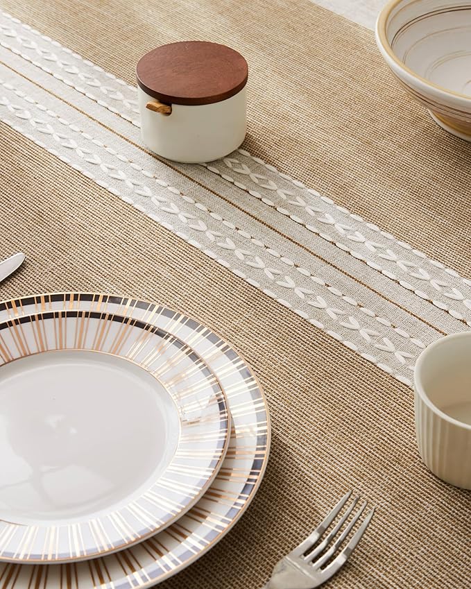 ZeeMart Contrast Linen Round Tablecloth 60 Inch Mid-Stripe Brown, Farmhouse Style Round Table Cloth Heavy Weight Beige Tablecloths, Water Resistant Burlap Table Cloths