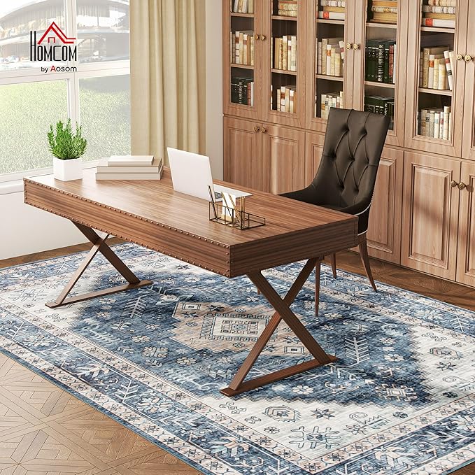 HOMCOM Washable Area Rug, 8'x10' Vintage Indoor Distressed Carpet, Retro Floor Cover Foldable, Floral Print Mat for Living Room, Bedroom, Dining Room, Blue