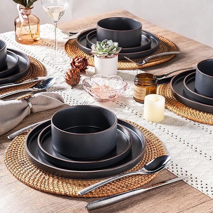 LERATIO Ceramic Dinnerware Sets for 6, High Edge Stoneware Plates and Bowls Set, Chip and Crack Resistant | Oven & Dishwasher & Microwave Safe Dishes Set, Service for 6 -Ashen