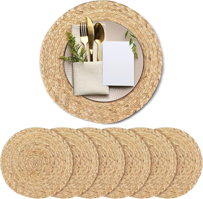 Kochorie Set of 6 Round Woven Placemats 13.5-Inch Natural Water Hyacinth Plant Placemats Hand-Woven Boho Rattan Placemat Wicker Weave Table Mats for Home Dinner Plates Holiday Supplies