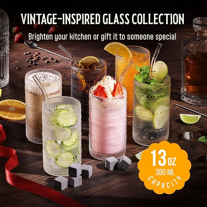 13 Oz Hobnail Drinking Glasses Set of 6 - Clear Multipurpose Glassware Sets, Decorative & Stylish Glasses Drinking Set for Bar, Kitchen, Cocktail Glassware, Garden - Home, Dining, & Kitchen