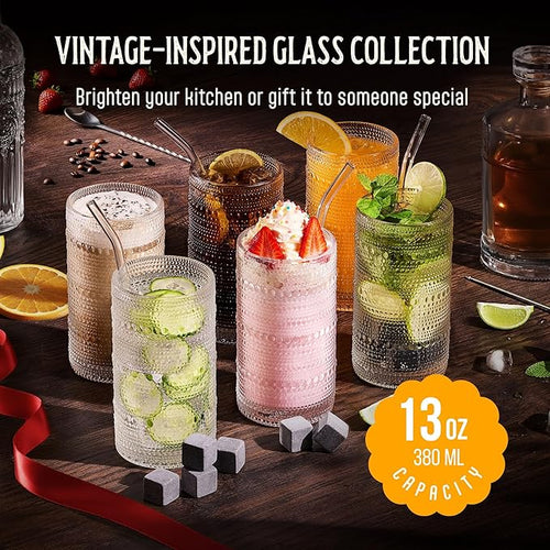 13 Oz Hobnail Drinking Glasses Set of 6 - Clear Multipurpose Glassware Sets, Decorative & Stylish Glasses Drinking Set for Bar, Kitchen, Cocktail Glassware, Garden - Home, Dining, & Kitchen
