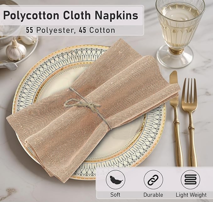Ruvanti Cloth Napkins Set of 12, 18x18 Reusable Napkins Cloth Washable, Soft & Durable Table Napkin, Poly Cotton Fabric Dinner Napkins for Parties, Christmas, Thanksgiving, Weddings - Honey