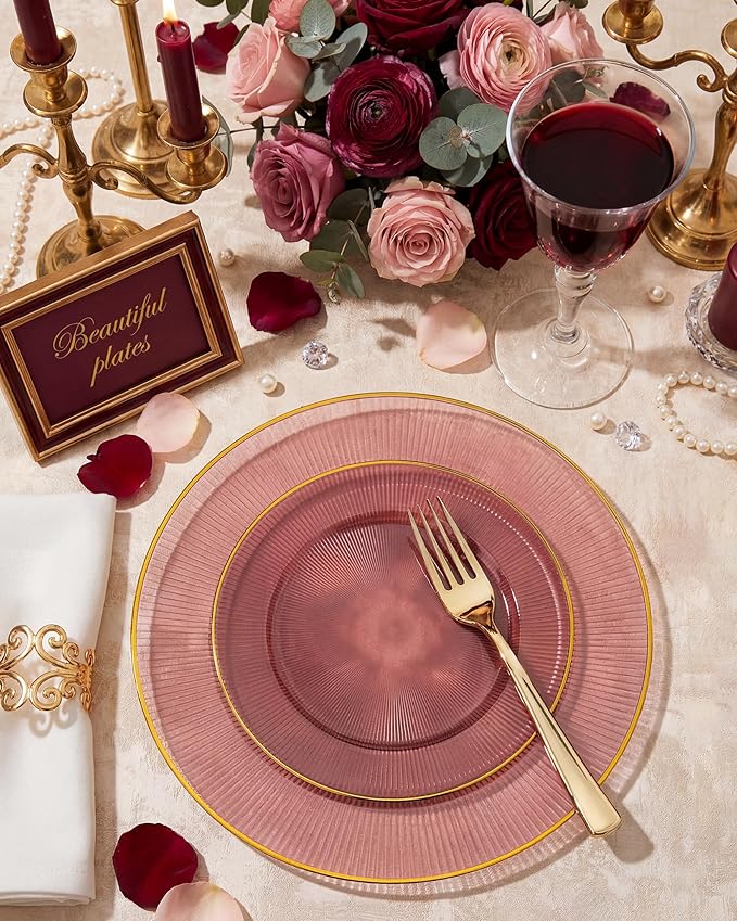 Hioasis 60pcs Burgundy and Gold Plastic Plates - Burgundy Disposable Dinnerware Set, 30pcs Dinner 10.25in & 30pcs Dessert 7.5in Plates with Striped Designs for Party & Wedding