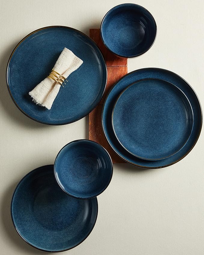 32 Piece Double Bowl Dinnerware Sets with Pasta Bowls, Highly Chip and Crack Resistant Plates and Bowls Sets, Natural Earthyware Ceramic Dishware Sets, Service for 8 Starry Blue