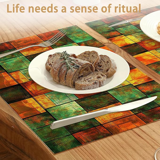 Texture Tiles Placemats Set of 6,Stained Glass Waterproof Non-Slip Washable Table Mats for Kitchen Dining Holiday Party Wedding Decor 12x18 Inch