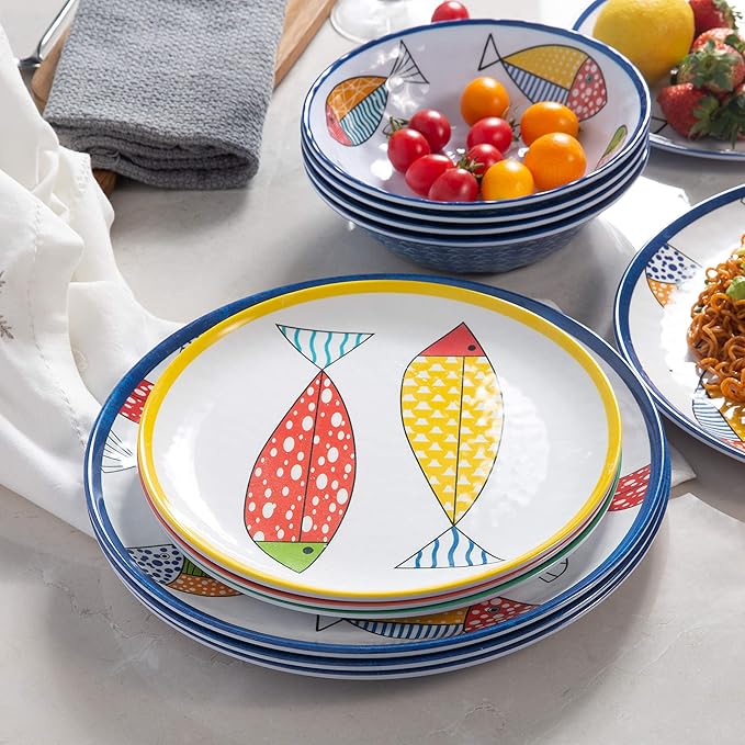 Melamine Dinnerware set for 4, Plates and Bowls Sets, Great for Camper, RV, Indoors Outdoors Use with Ocean Printed, Unbreakable