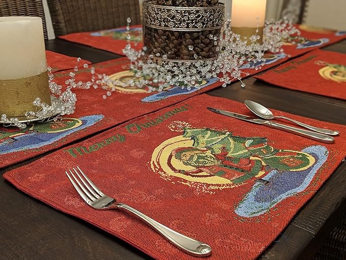 DaDalogy Red Merry Christmas Santa Claus Placemats Set of 4 Festive Winter Holiday Tapestry - Cotton Linen Wove Dining Room Table Mats - 13” x 19” (17615)