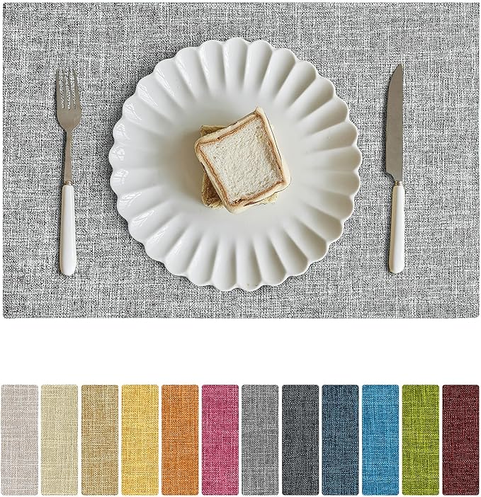 Softalker Faux Linen Placemats Set of 6-12 x 18 Inch, Heat Resistant Double Layered Durable Burlap Farmhouse Place Mats, Non-Slip Washable Rustic Table Mats for Dining, Kitchen, Party（Ash Grey