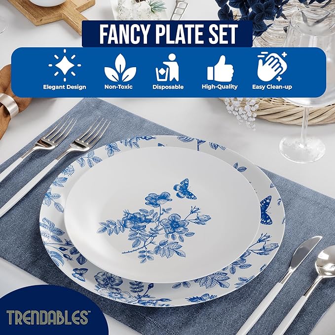 Trendables Disposable Plates For Party Supplies | Blue Floral Plastic Plates For Wedding 200 Pcs - 100 X 8 & 100 X 10 Dinner Plate Sets | Floral Plate Set Disposable Plastic Dinnerware Sets