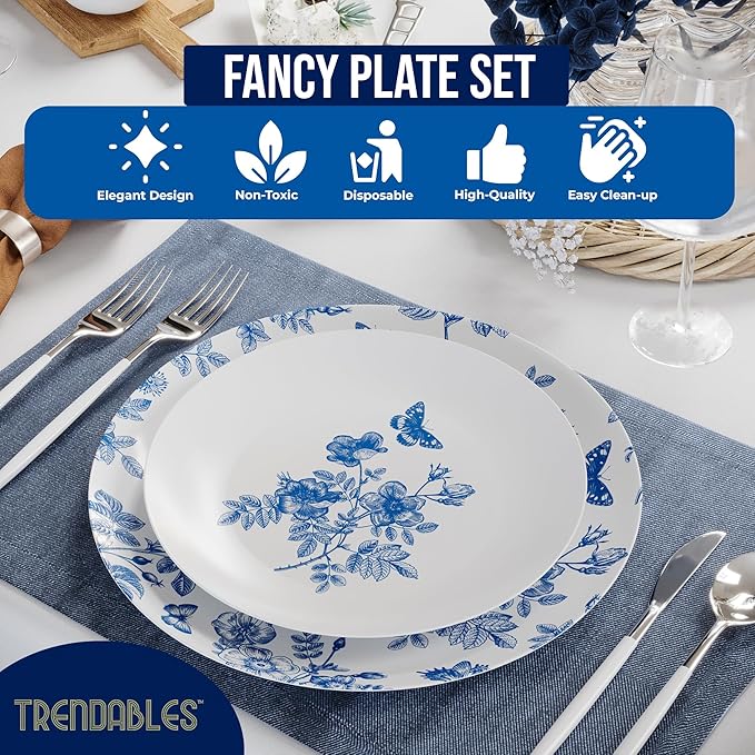 Trendables Disposable Plates For Party Supplies | Blue Floral Plastic Plates For Wedding 80 Pcs - 40 X 8 & 40 X 10 Dinner Plate Sets | Floral Plate Set Disposable Plastic Dinnerware Sets