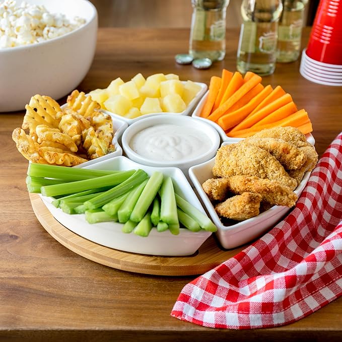 Ceramic Taco Serving Platter - Divided Serving Tray for Taco Tuesday Lazy Susan Taco Bar - Chip and Dip Serving Set for Party - Appetizer Serving Tray for Salsa, Snacks (10 in)