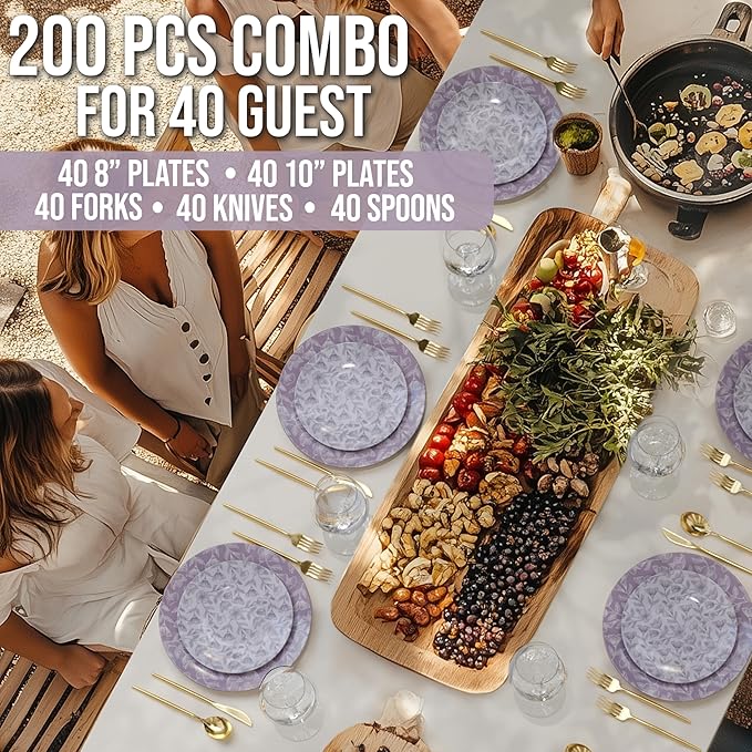 Trendables Fancy Plastic Dinnerware Sets 200 Pc 40 Guests Gold Silverware Disposable 40 X 10 Inch Charger Plates 40 X 8 Inch Dessert Plates 40 x Gold Plastic Forks and Spoons Knives In Blossom Circle