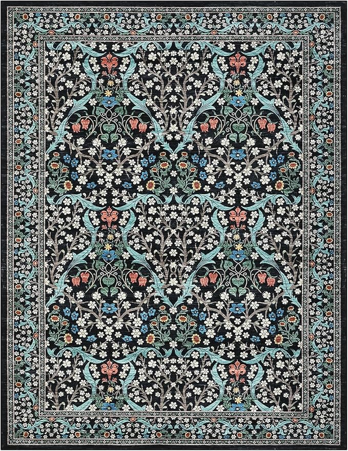 GarveeHome 4x6 Washable Area Rug for Living Room, Floral Large Entryway Kitchen Rug Non Slip, Ultra Soft Stain Resistance Carpet for Bedroom Laundry Room, Black