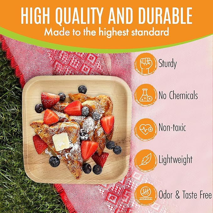 Raj Palm Leaf Plates [100-Pack] 7" Square Plates like Bamboo plates Disposable, Strong, Decorative Compostable Tableware for wedding, Lunch, Dinner, Birthday, Camping, Outdoor BBQ, Picnic