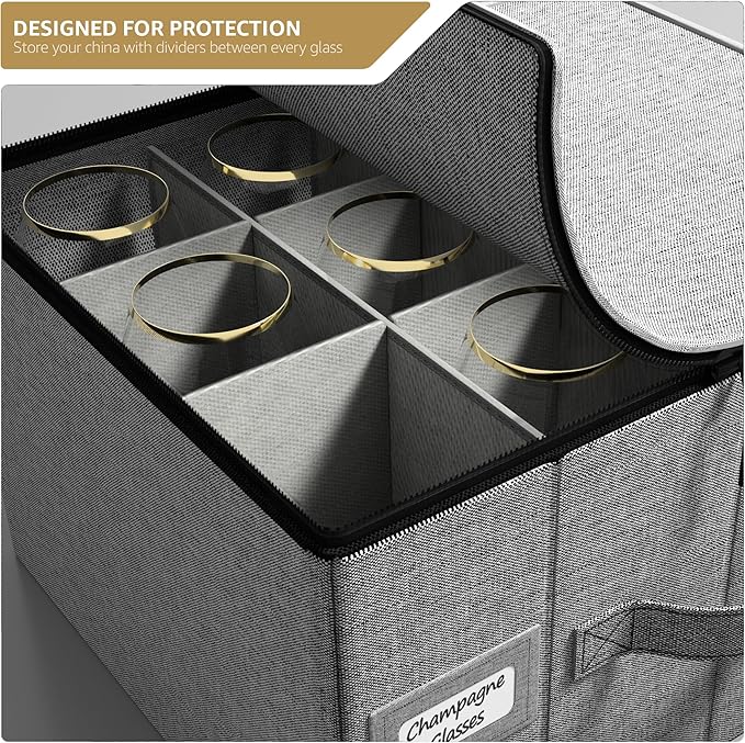Sorbus China Storage Containers – Dinnerware Organizer for Champagne Flute Glasses with Lid (Holds Service for 12) with Felt Protectors – 13" x 10" x 10.6"