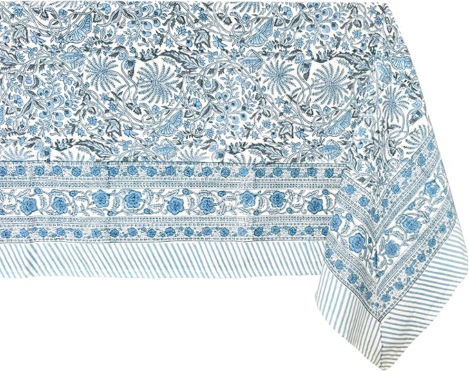 ATOSII Butterfly Blue 100% Cotton Rectangle Summer Tablecloth, Handblock Floral Print Linen Table Cloth for Kitchen Dining I Parties, Weddings, Outdoors, Decor 60 X 108 Inches, 8 Seater