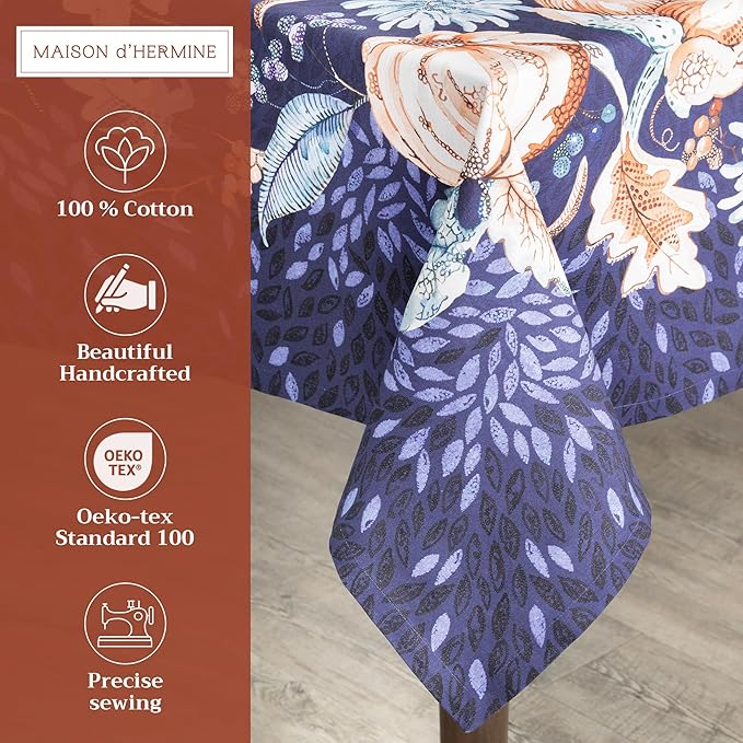 Maison d' Hermine Table Cloth Square Table 100% Cotton 54 x 54 Inches Fall Tablecloth Reusable Everyday Use for Thanksgiving Christmas Decorations Dining Farmhouse Party (Pumpkin Blues)