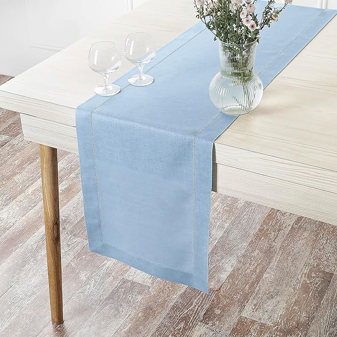 D'Moksha Homes Linen Powder Blue Table Runner 48 Inches - Classic Hemstitch, 100% Pure Linen Coffee Table Runner 14 x 48 Inch Ideal for Dresser Tables - Spring, Easter