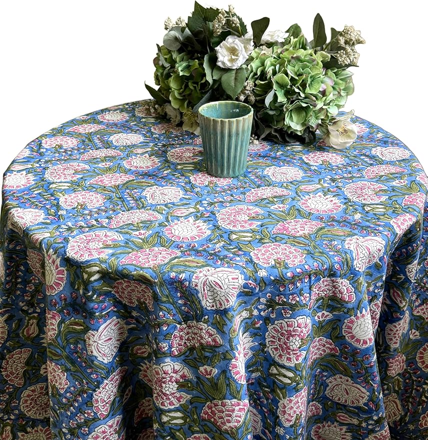 ATOSII Clover Pink 100% Cotton Round Tablecloth, Block Print Floral Table Cloth for Dining, Parties, Weddings, Outdoors, Holidays I 72" Inches, 4 Seater I Grandmillennial Farmhouse Spring Summer