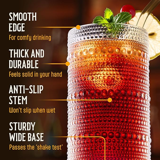 16 Oz Hobnail Drinking Glasses Set of 6 - Clear Multipurpose Glassware Sets, Decorative & Stylish Glasses Drinking Set for Bar, Kitchen, Cocktail Glassware, Garden - Home, Dining, & Kitchen