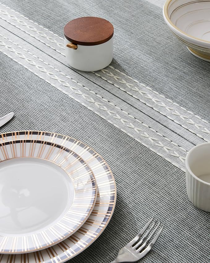 ZeeMart Contrast Linen Table Cloth Square Table Cloths 52x52 Inch Mid-Stripe Grey, Farmhouse Style Heavy Weight Grey Tablecloth, Water Resistant Burlap Tablecloths