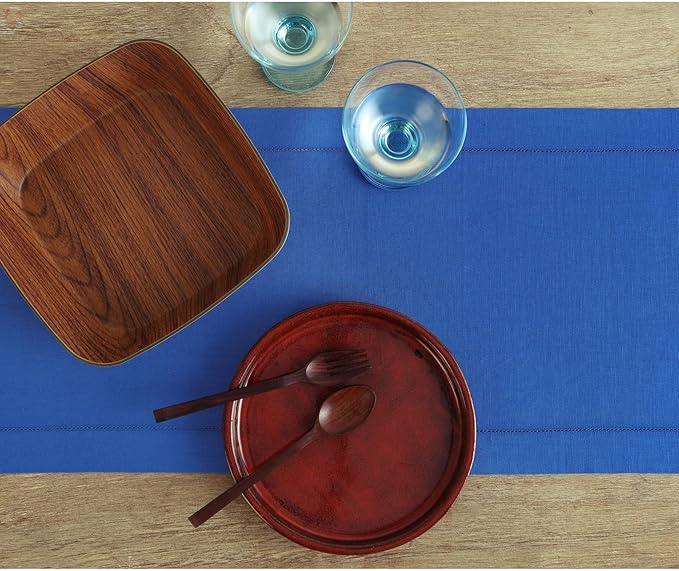 Solino Home Linen Royal Blue Table Runner 48 Inches - Classic Hemstitch, 100% Pure Linen Coffee Table Runner 14 x 48 Inch Ideal for Dresser Tables, Spring