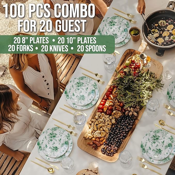 Trendables Fancy Plastic Dinnerware Sets 100 Pc Set 20 Guests Gold Silverware Disposable 20 X 10 Inch Charger Plates 20 X 8 Inch Dessert Plates 20 x Gold Plastic Forks and Spoons Knives In Verdure