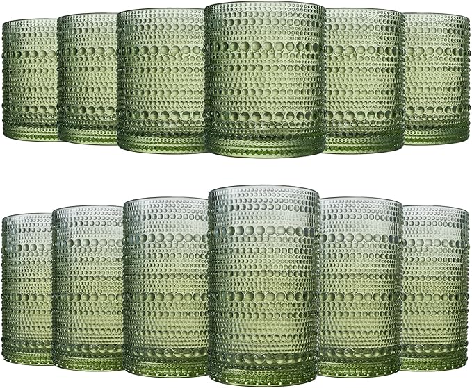 Khen Hobnail Beaded Highball Drinking Tumbler Glasses | Set of 12 | Color, Vintage Bubble Design Whiskey Glassware, Old-Fashioned, Embossed Design for Water Wine, Cocktail Embossed Heavy Glass (Green)