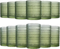 Khen Hobnail Beaded Highball Drinking Tumbler Glasses | Set of 12 | Color, Vintage Bubble Design Whiskey Glassware, Old-Fashioned, Embossed Design for Water Wine, Cocktail Embossed Heavy Glass (Green)