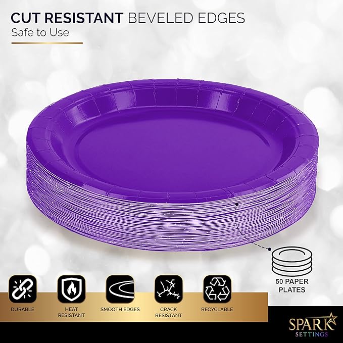 Disposable Paper Plates Purple, 7 Inch Paper Dessert Plates, Strong and Sturdy Disposable Plate for Party, Dinner, Holiday, Picnic, or Travel Party Plate, Pack of 50