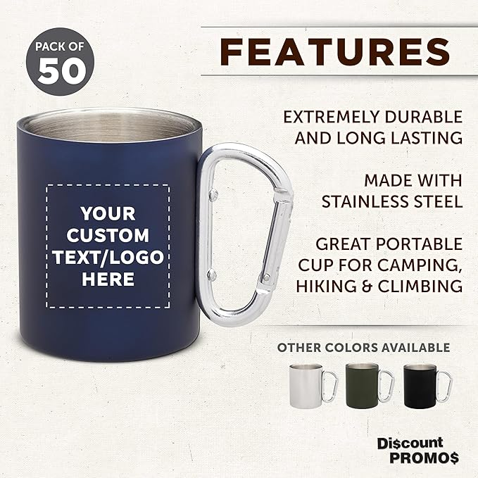 Custom Stainless Steel Mugs with Carabiner Handle 10 oz. Set of 50, Personalized Bulk Pack - Perfect for Coffee, Soda, Other Hot & Cold Beverages - Navy Blue