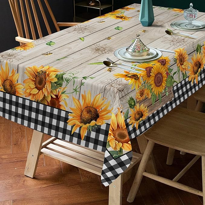 Sunflower Tablecloth 60 x 84 Inch Rectangle, Farmhouse Bee Decor Black White Buffalo Check Table Cloth for Party Dining Room