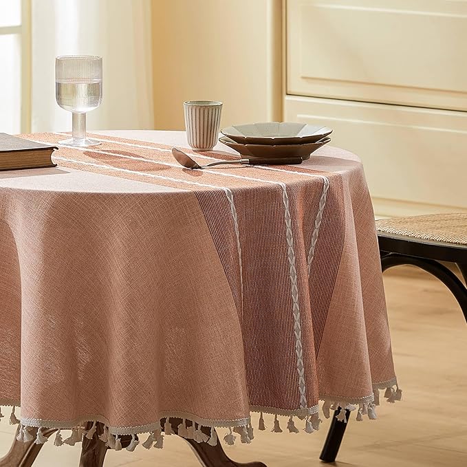 ZeeMart Contrast Linen Round Tablecloth 60 Inch Orange, Farmhouse Style Round Table Cloth Heavy Weight Burnt Orange Fall Tablecloths, Water Resistant Burlap Table Cloths