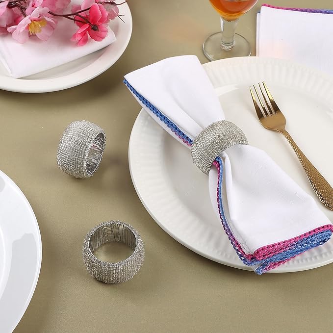 ALPHA Living HOME Beaded Napkin Rings Set of 12- Beaded Napkin Holders for Christmas, Thanksgiving, Holiday Party, Dinner PartyWeddings, Parties, Family Gatherings, and Table Décor - Silver