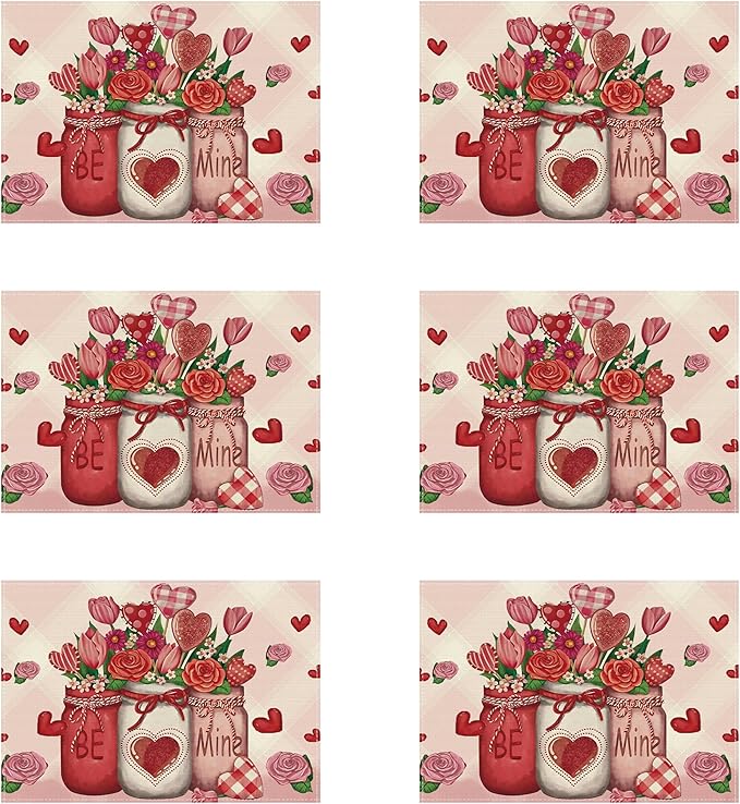 XCHI Roses Flowers Love Hearts Vase Valentine’s Day Placemats Set of 6 Table Mats for Party Home Kitchen Dining Table Decorations 12x18 Inch