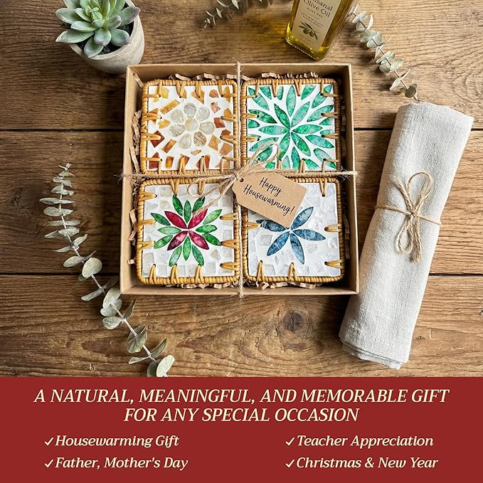 Handmade Rattan Coaster Set of 4, Cute Coasters Square with Mother of Pearl, Coastal & Boho Coaster Vintage for Decorative, Coffee Table, Bar & Outdoor Drink Coasters, Unique Housewarming Gift