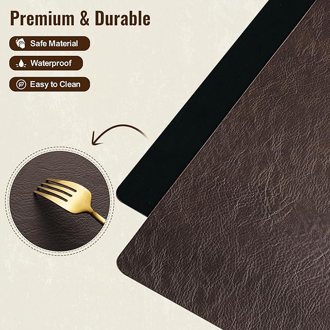 DOLOPL Placemats Set of 8 Reversible Dual-Color Table Placemats – Heat Resistant Wipeable & Brown Placemats, Luxury Faux Leather Table Mats for Vintage Dining Table Decor（Dark Brown & Black）