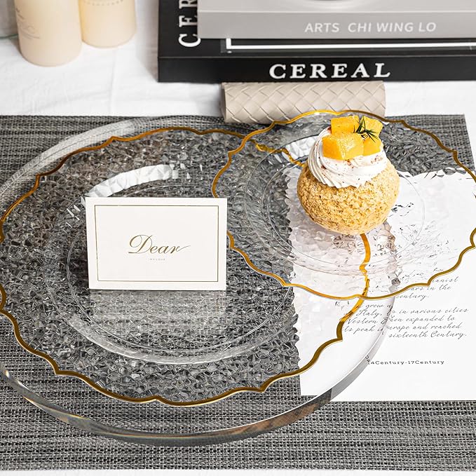 N9R 120 PCS Clear and Gold Plastic Plate, Clear Disposable Plate with Gold Rim, Stone Texture Plates Include 120 Dinner & Dessert Plates for Wedding, Party