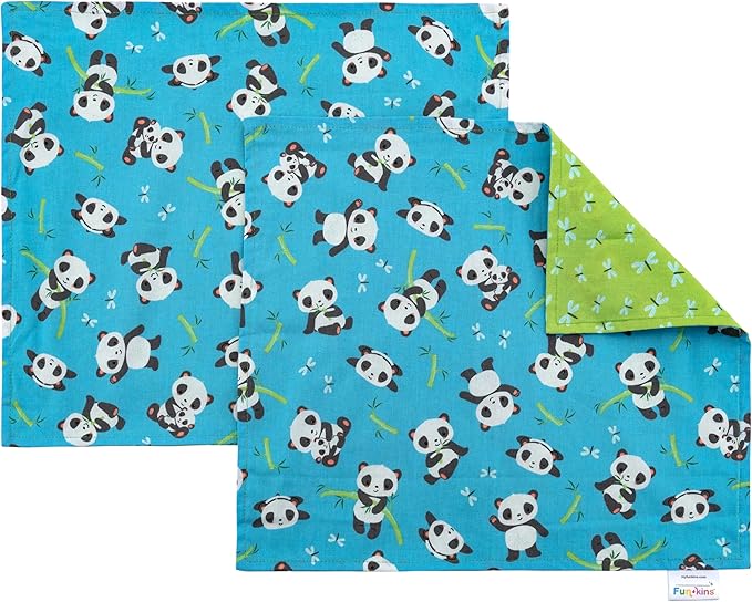 Funkins Reusable Cloth Placemats for Kids & Lunch Boxes | Reusable, Machine Washable, Eco-Friendly | 15"x13", 2-ply, Thick, Absorbent, Durable | Set of 2 Placemats (Pandas)