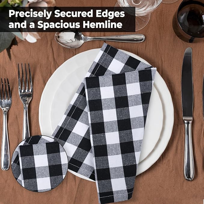 Urban Villa Cotton Dinner Napkins Set of 6, Highly Absorbent 20x20 Inches Premium Cloth Napkins Hotel Quality Reusable & Washable Table Dinner Napkins For Home & Weddings - Black/White, Buffalo Checks