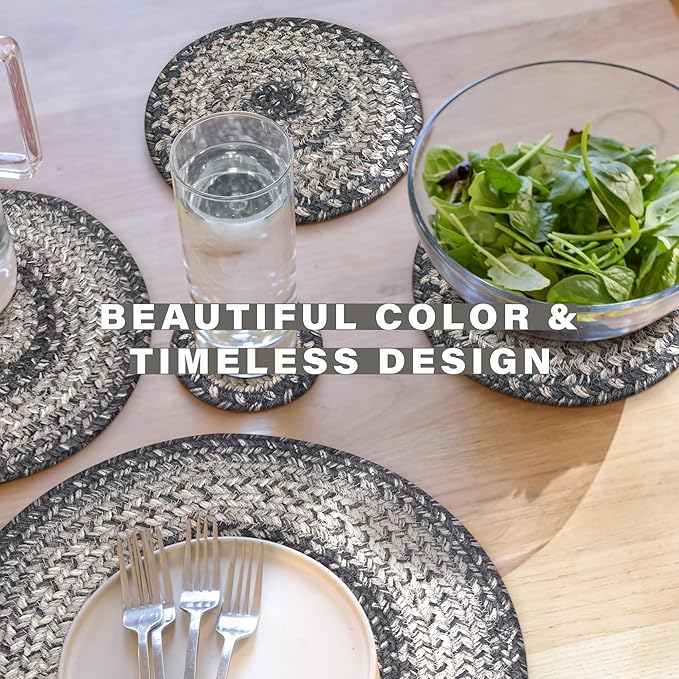 Homespice Flint Hill Jute Braided Trivets for Table, Warm Primitive Decor, Set of 3, Grey 8" Round Heat Resistant Mat - Rich Colors, Easy to Clean, Durable and Protects Furniture