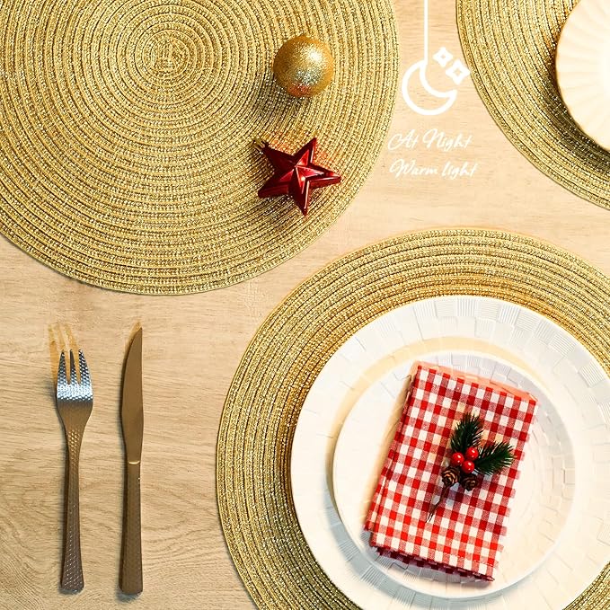 AHHFSMEI Round Braided Placemats 15 Inch Round Table Mats for Dining Tables Natural Woven Heat Resistant Place mats Set of 6 (Gold Shine)