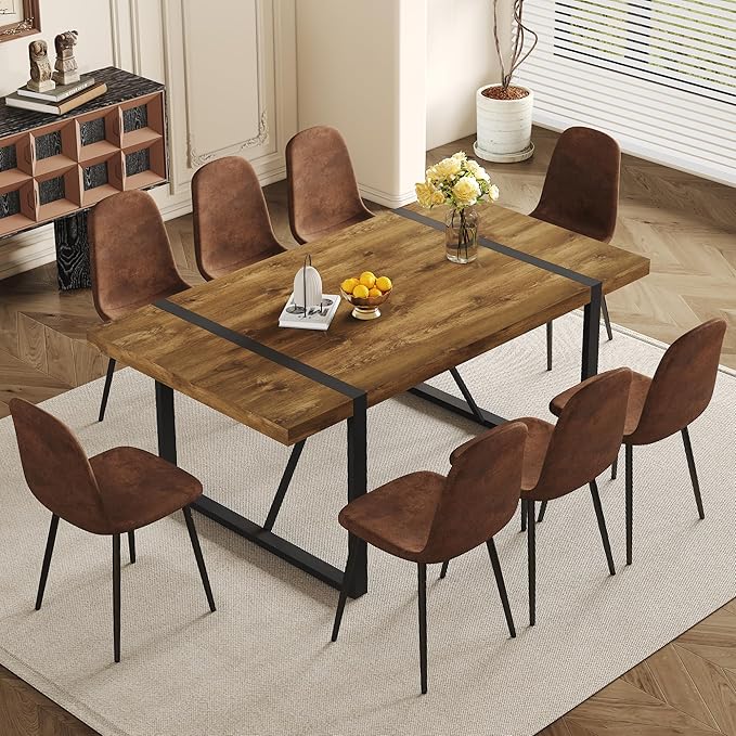 Dining Table Set for 8, Modern 71'' Dark Wood Dining Table and Fabric Dining Chairs Set of 8,Table and Chairs Set of 8,Ideal for Kitchen Dining Room