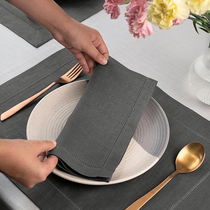 D'Moksha Homes Charcoal Grey Linen Napkins Set of 4 - Classic Hemstitch 100% Pure Linen Hemstitch Dinner Napkins 20 x 20 Inch for Spring, Easter - Handcrafted and Machine Washable