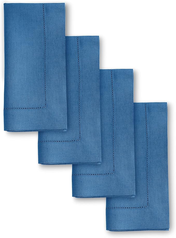 Solino Home Linen Napkins Set of 4 - Classic Hemstitch 100% Pure Linen Indigo Blue Dinner Napkins Cloth 20 x 20 Inch for Spring, Easter - Handcrafted and Machine Washable