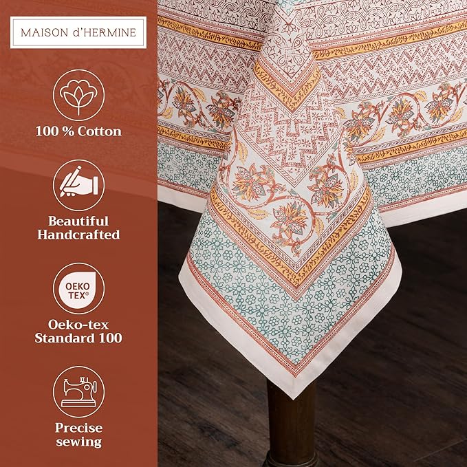 Maison d' Hermine Table Cloth Rectangle Table 100% Cotton 60 x 108 Inches Fall Tablecloth Reusable Everyday Use for Thanksgiving Christmas Decorations Dining Farmhouse Party (Nila)