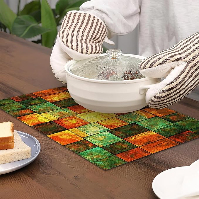 Texture Tiles Placemats Set of 6,Stained Glass Waterproof Non-Slip Washable Table Mats for Kitchen Dining Holiday Party Wedding Decor 12x18 Inch